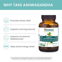 Himalaya Organic Ashwagandha root label emphasizing gluten-free, vegan capsules.