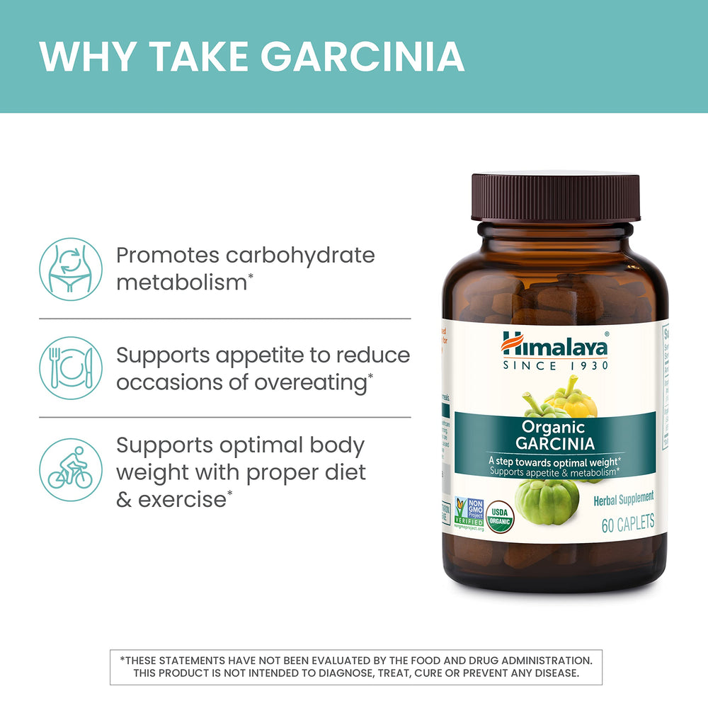 Himalaya Organic Garcinia packaging scene emphasizes USDA Organic seal and clean ingredients