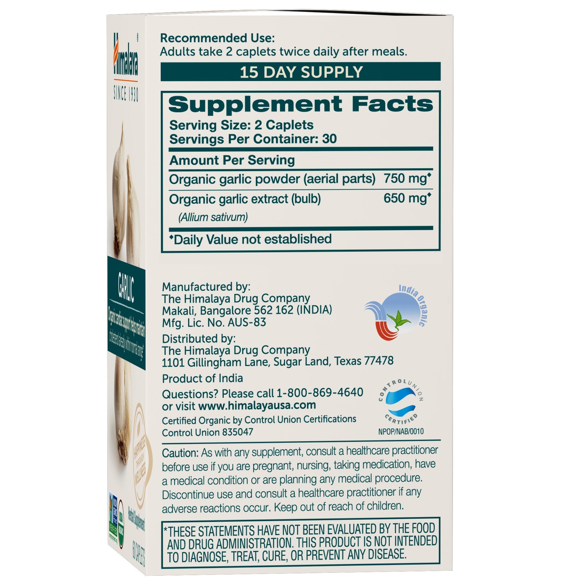 Close-up of Himalaya Organic Garlic caplets showing standardized extract