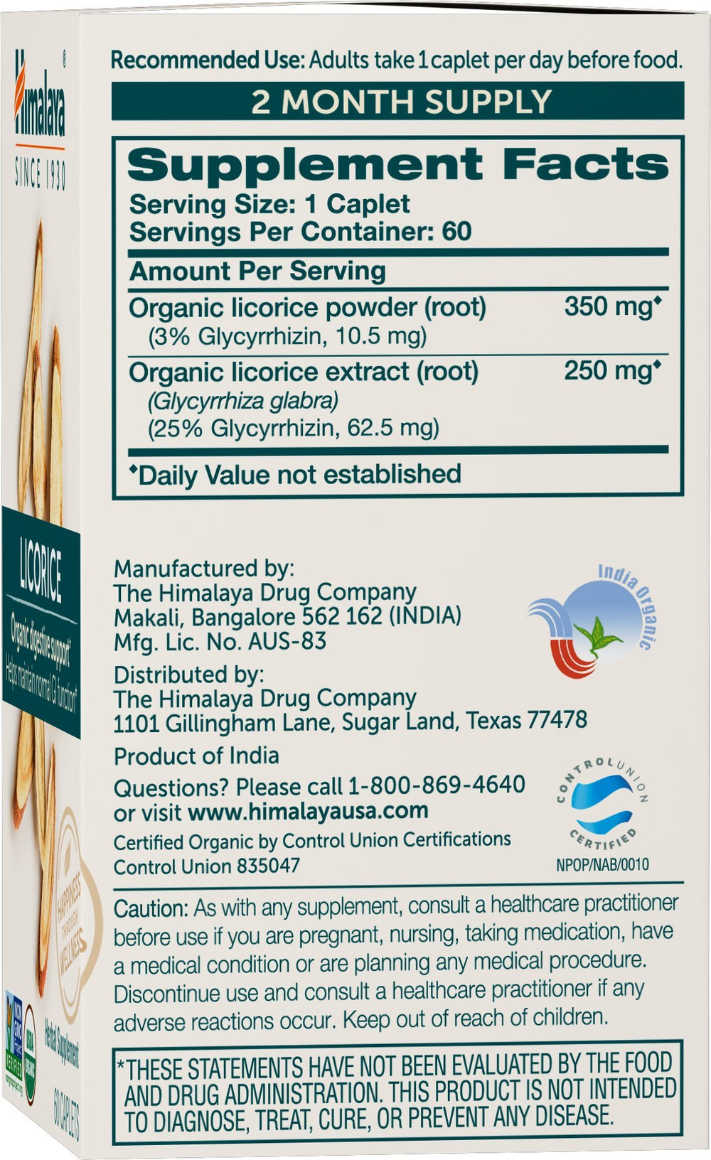 Himalaya Organic Licorice capsules closeup highlights convenient daily intake.