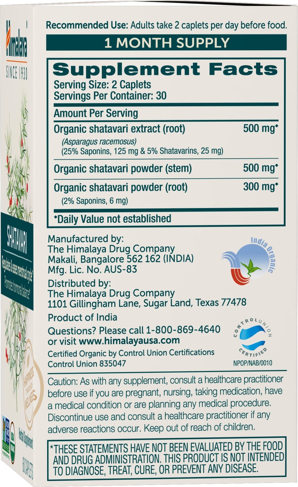 Himalaya Organic Shatavari packaging front showing certifications