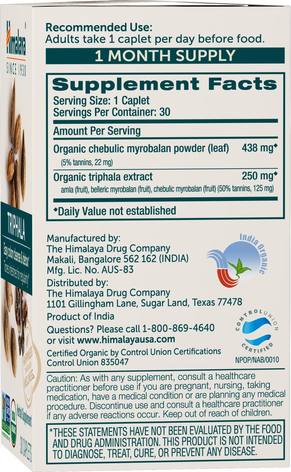 Himalaya Organic Triphala bottle side view