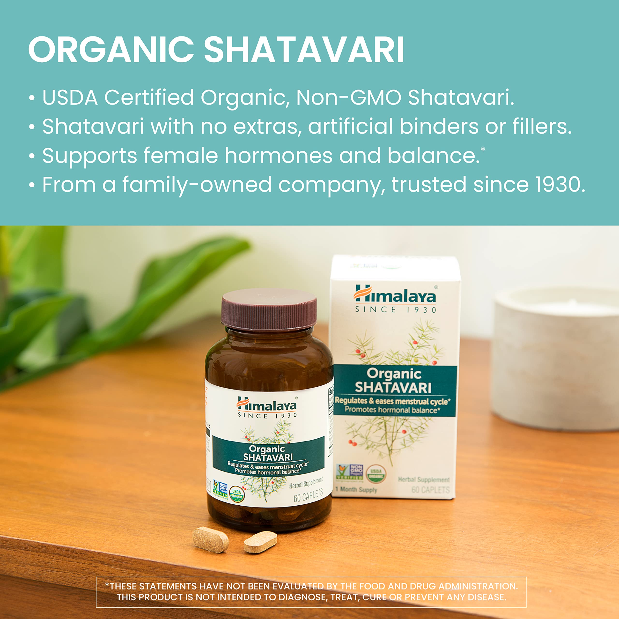 Himalaya Shatavari root extract highlights premium herbal formulation.
