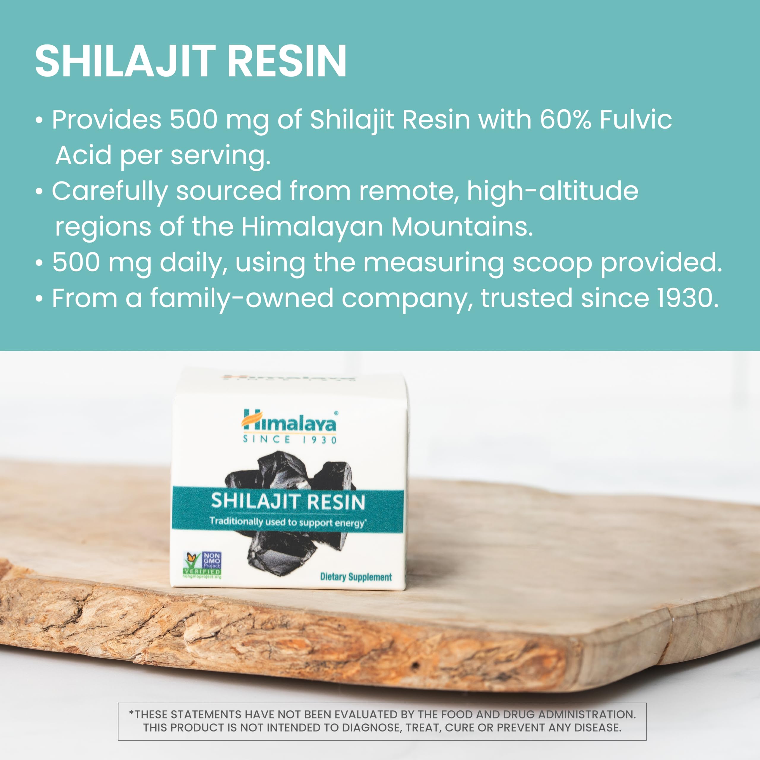 Himalaya Shilajit resin jar label highlighting non-GMO formulation