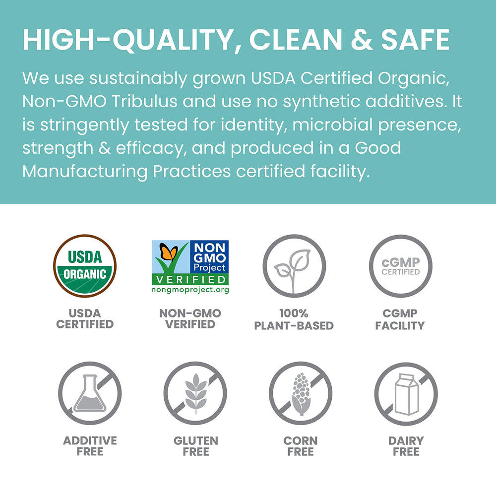 Non-GMO badge on Himalaya Tribulus bottle emphasizes clean formulation.