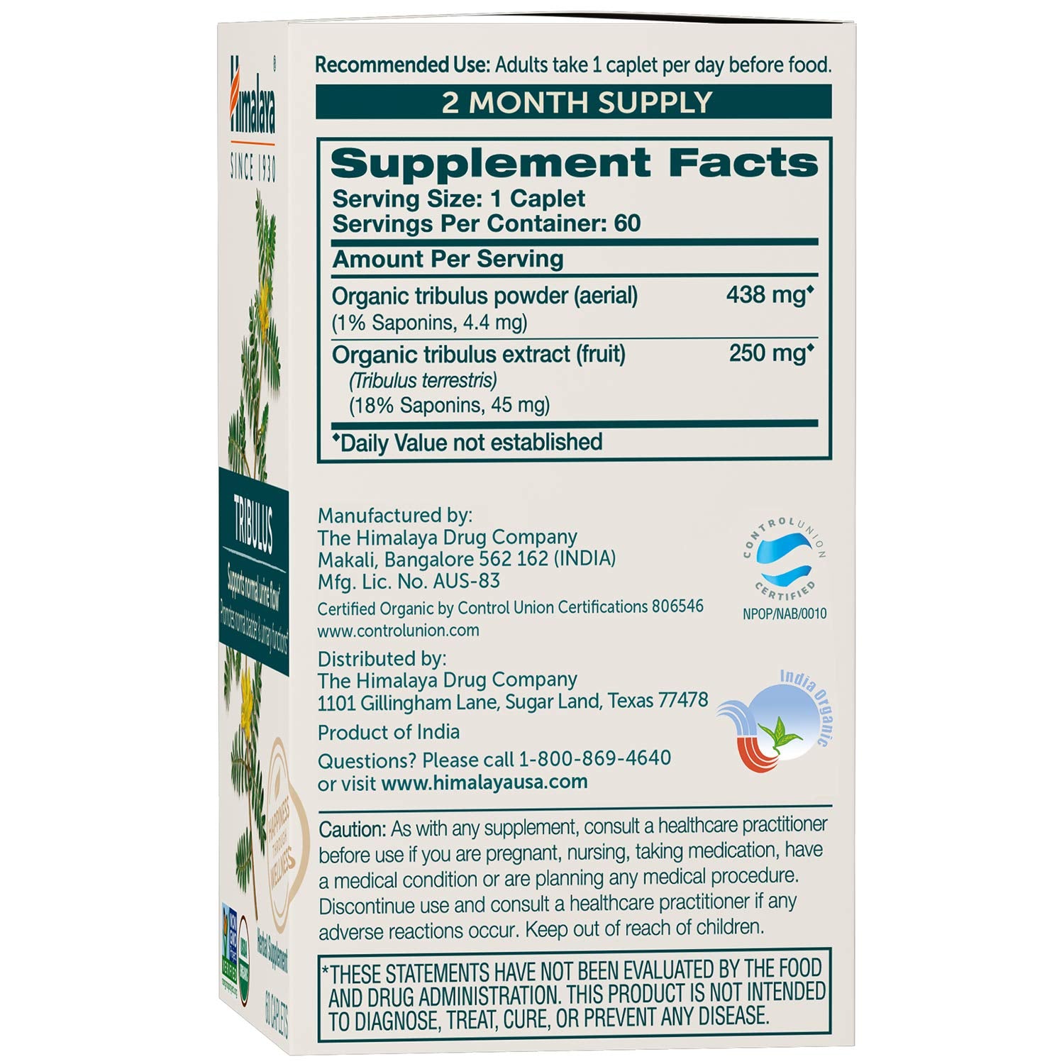 Close-up label of Himalaya Tribulus showing organic and vegan features.