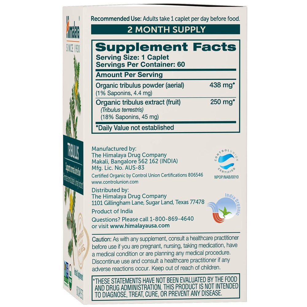 Close-up label of Himalaya Tribulus showing organic and vegan features.