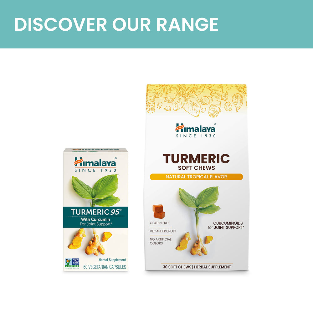 Himalaya Turmeric 95 capsules swirl illustrating pea-like capsules and coating.