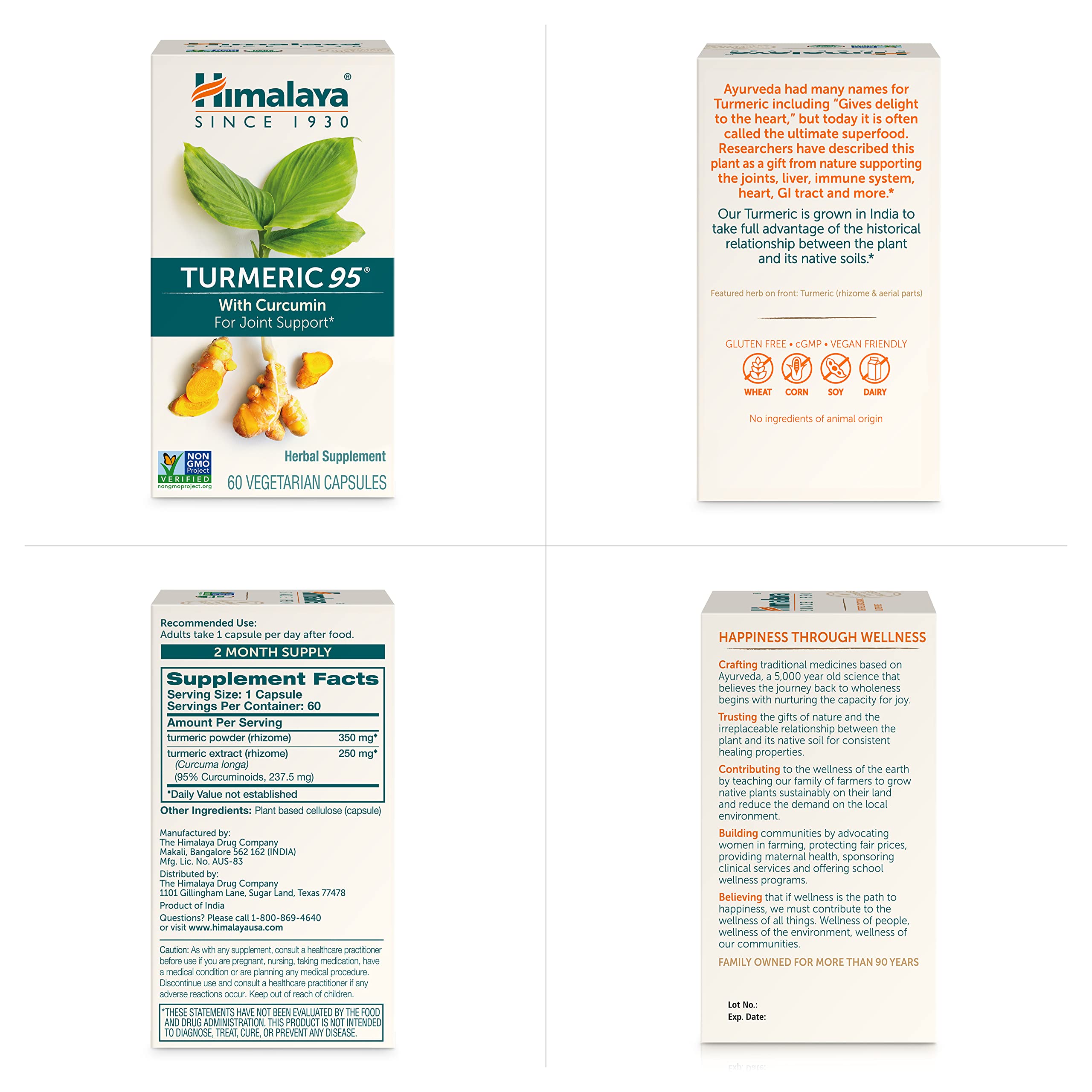 Himalaya Turmeric 95 gluten-free and vegan certification icons on bottle