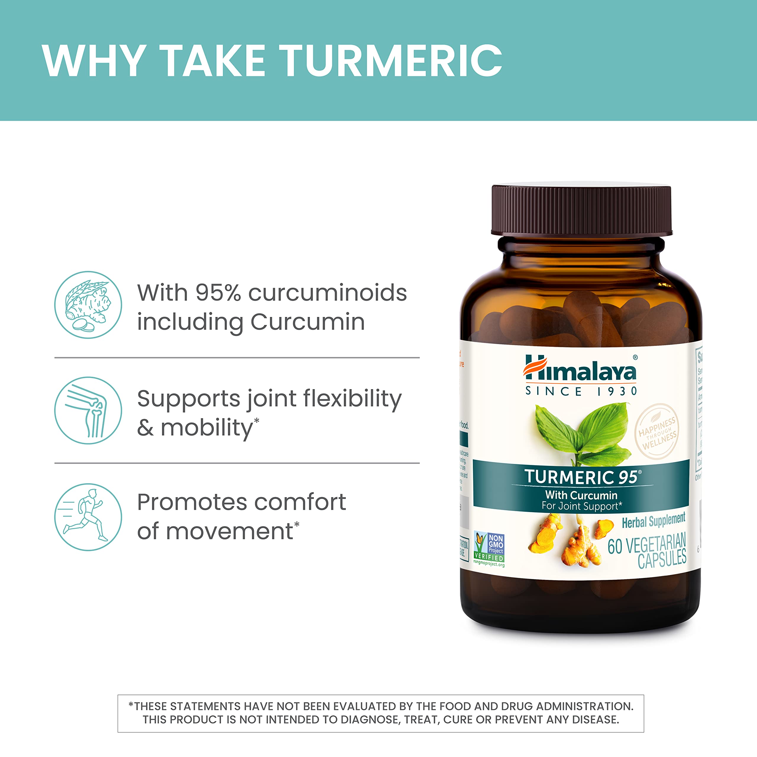 Himalaya Turmeric 95 ingredients label emphasizing vegan, non-GMO formula.