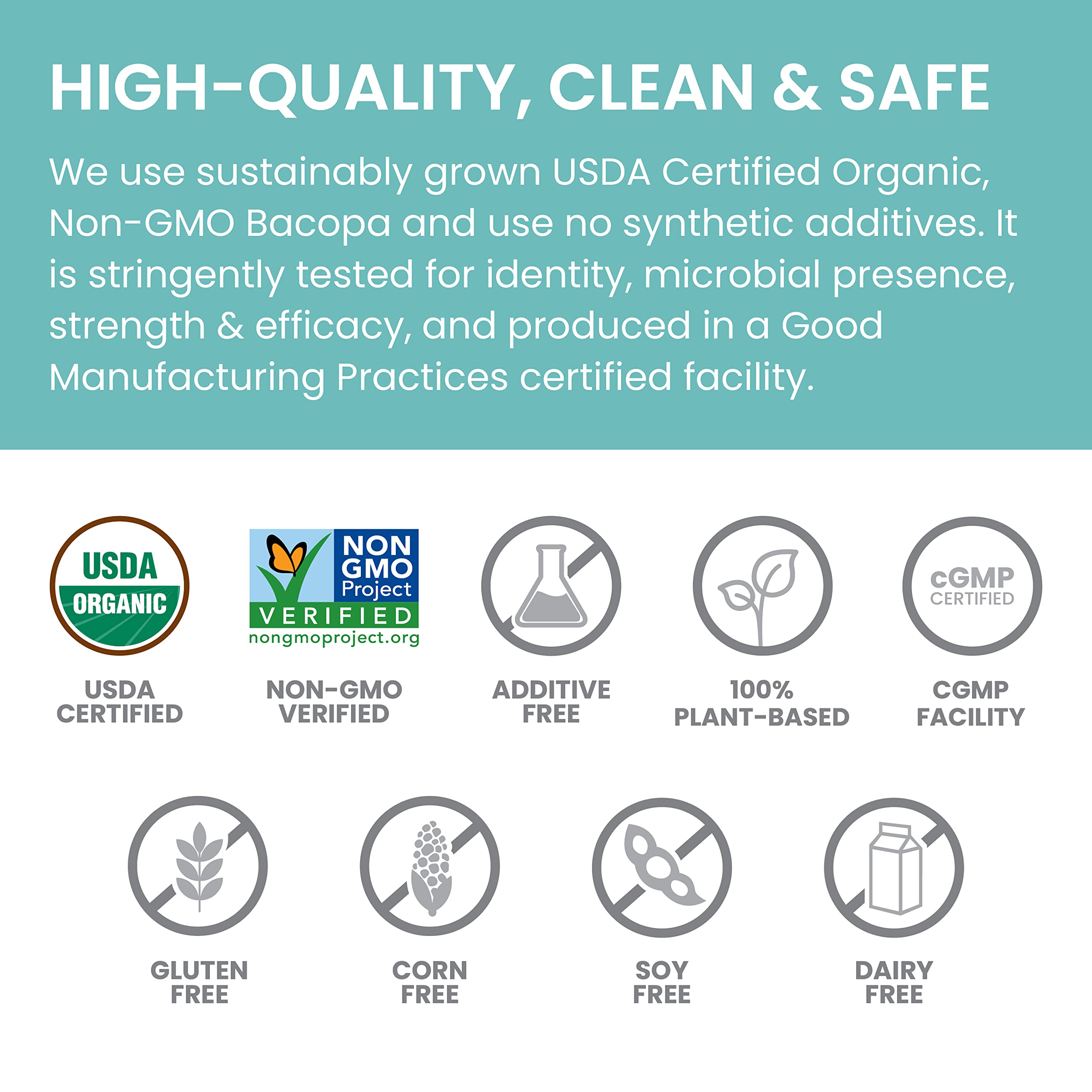 Vegan formula badge on Bacopa label for plant-based care.