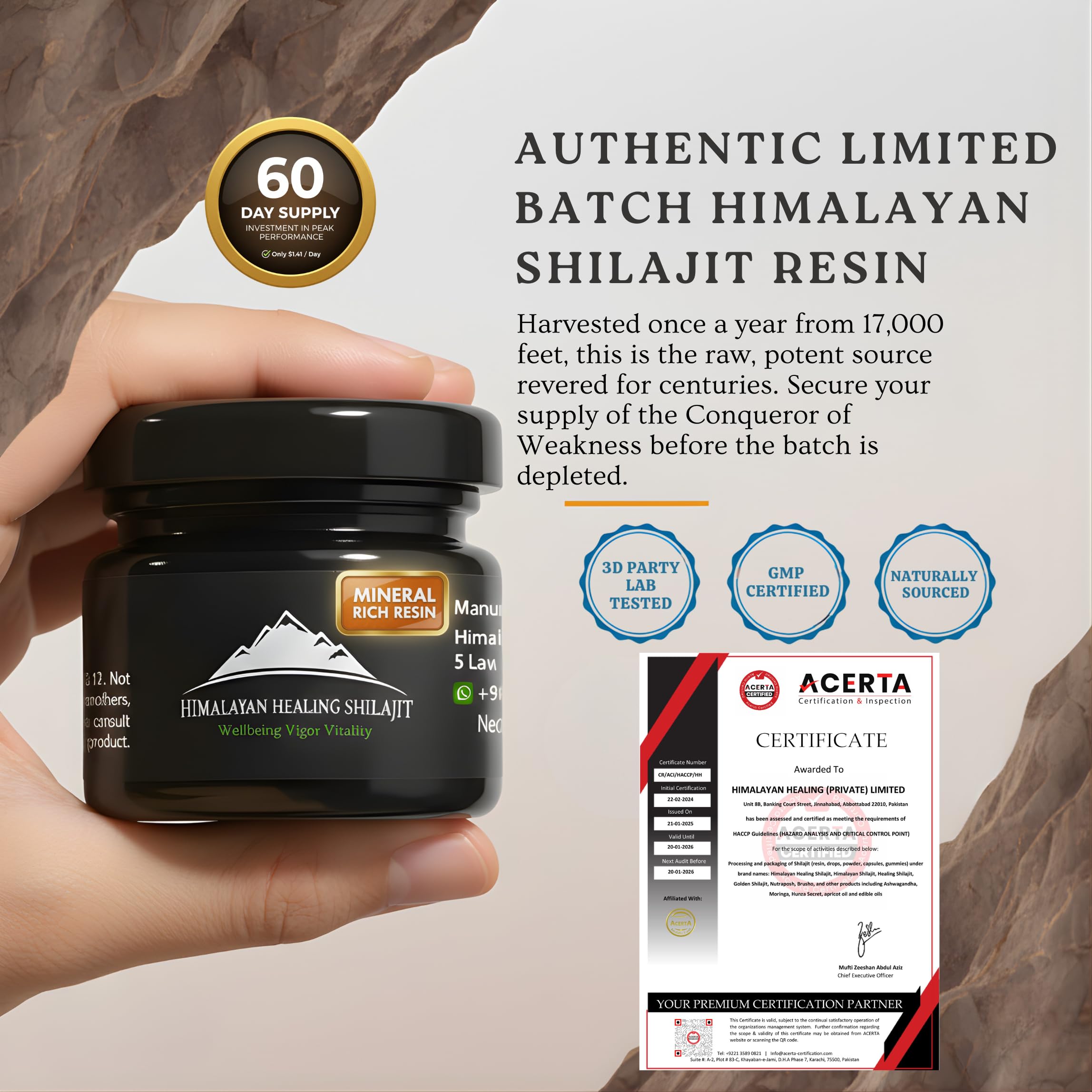 Close-up of Himalayan Shilajit resin jar shows mineral-rich texture.