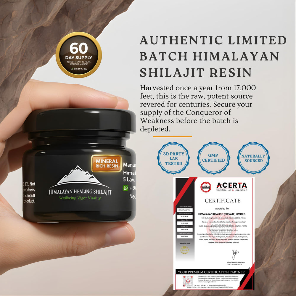 Close-up of Himalayan Shilajit resin jar shows mineral-rich texture.