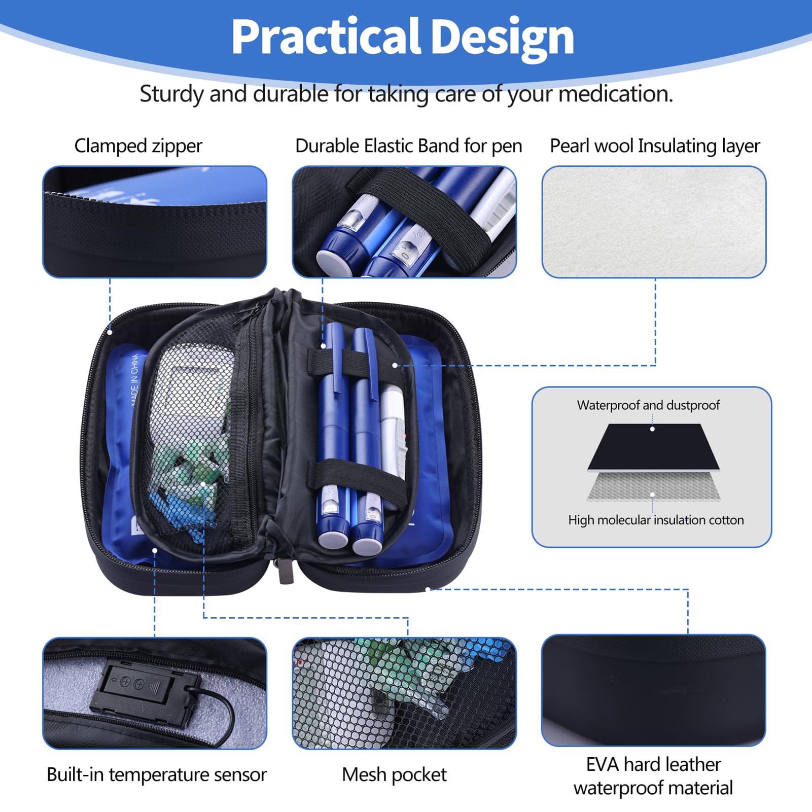 HIMDUZE insulin cooler with two reusable ice packs maintaining cold temperatures