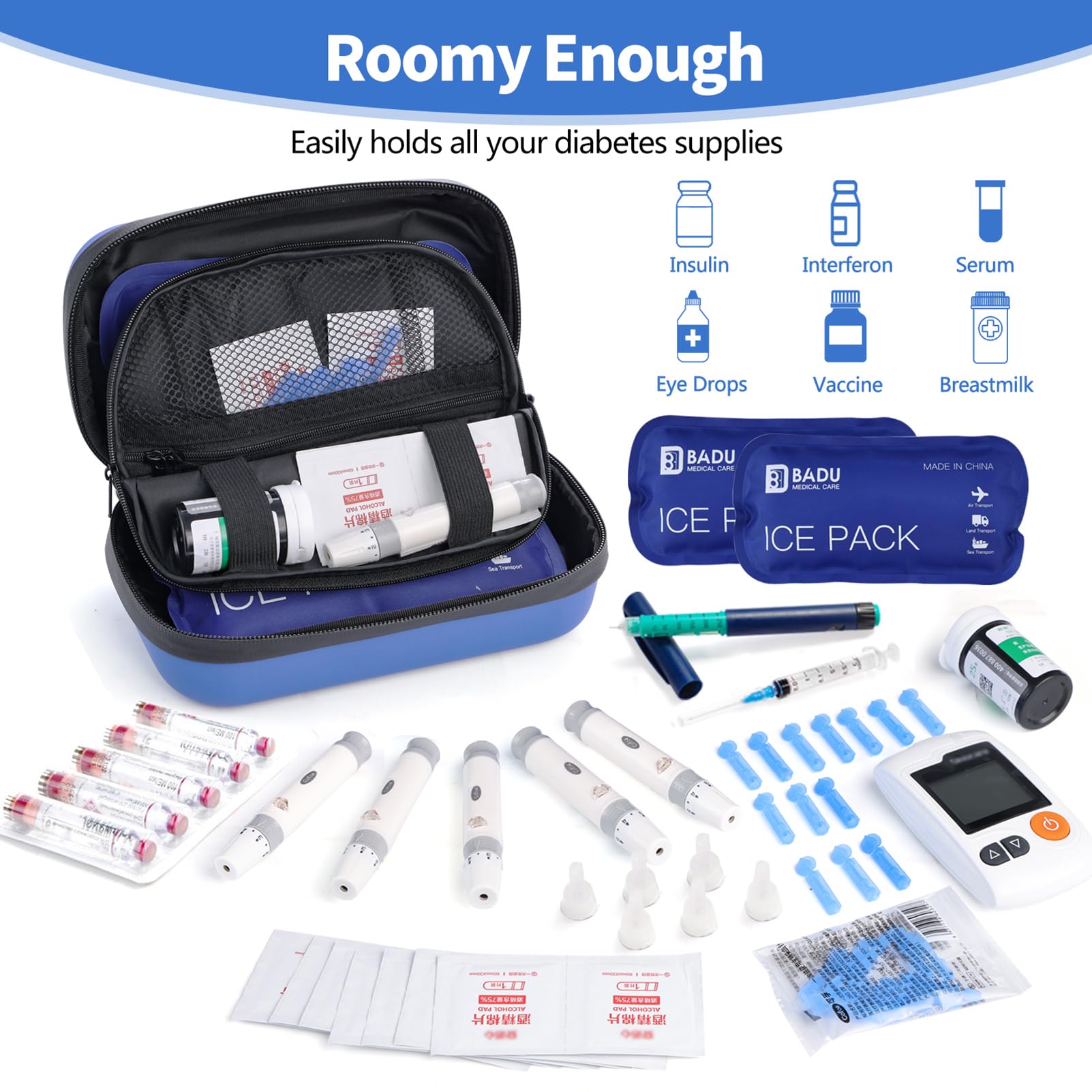 HIMDUZE insulin cooler travel case interior blue shows removable bag for pens and syringes