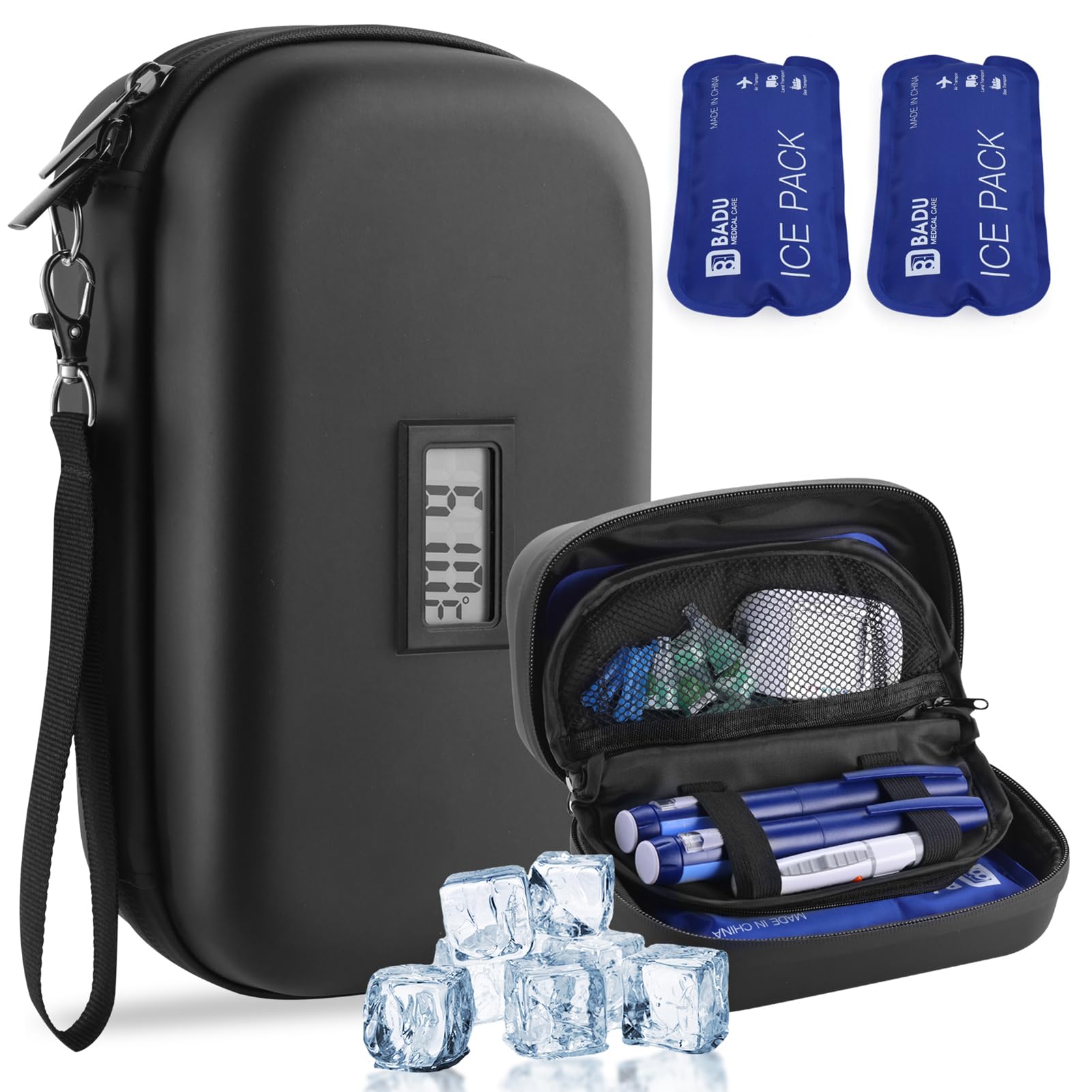 HIMDUZE insulin cooler with temperature display showing real-time temperature during travel
