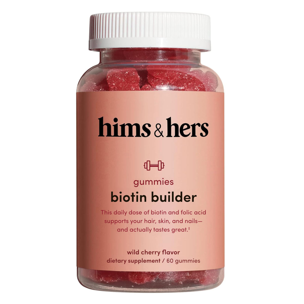 Hims & Hers biotin builder gummy bottle with wild cherry flavor for daily beauty support