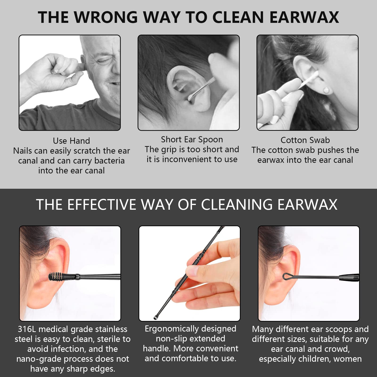 Hion 316L stainless steel ear cleaner curettes resist rust.