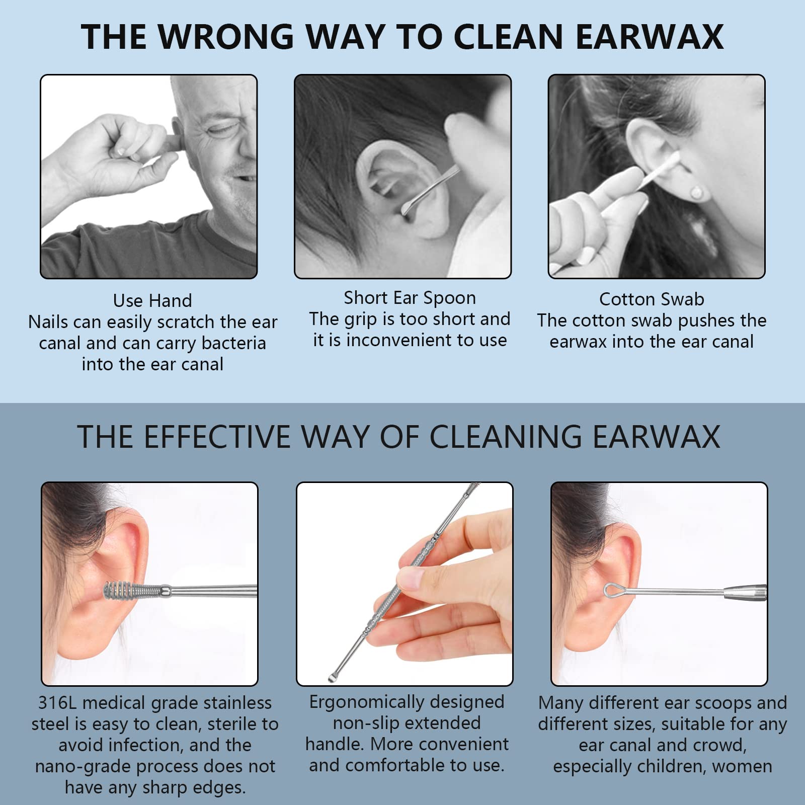 Hion cepillos dobles para oreja, cabeza dual para limpieza precisa.