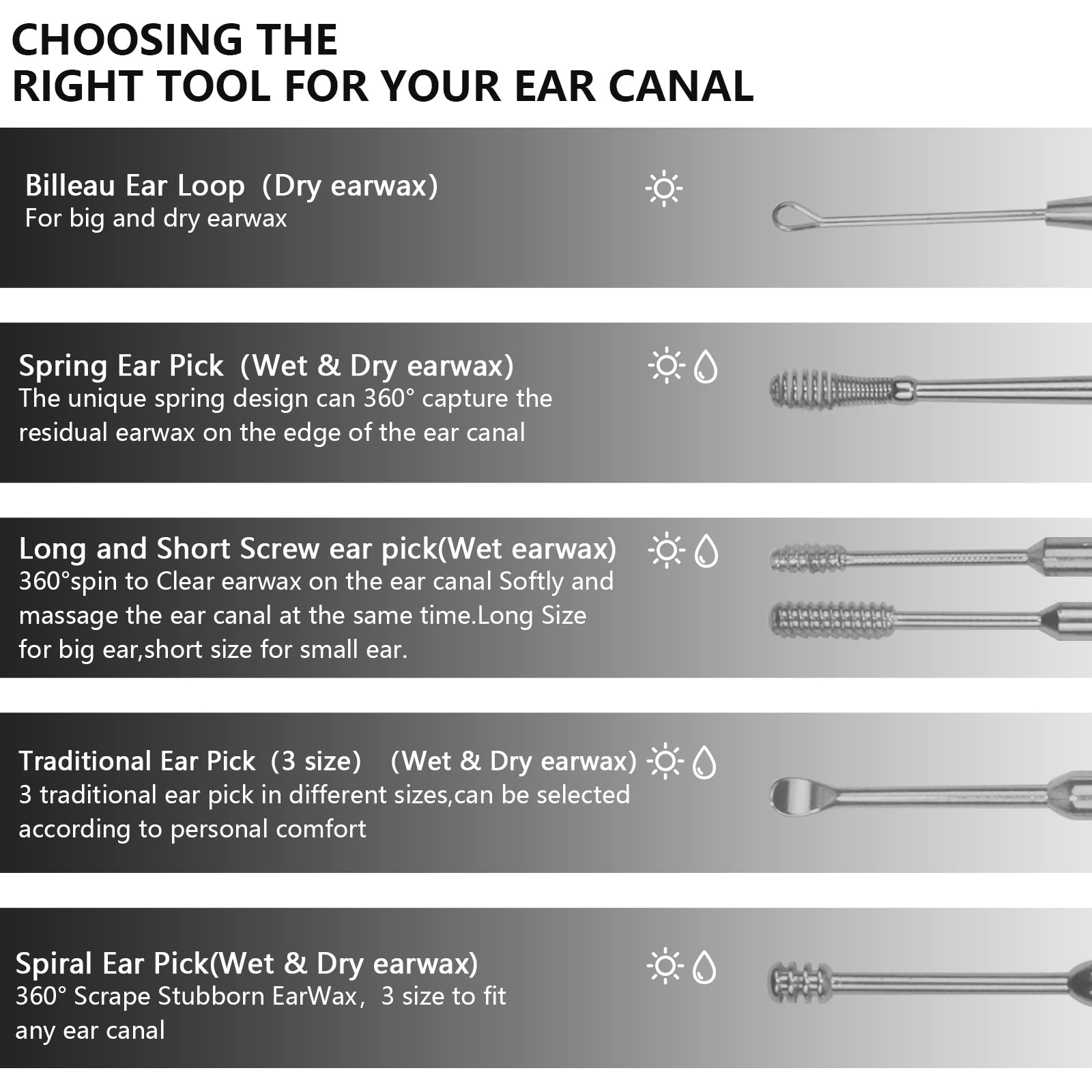Hion cureta oreja 316L, duradero y fácil de desinfectar.