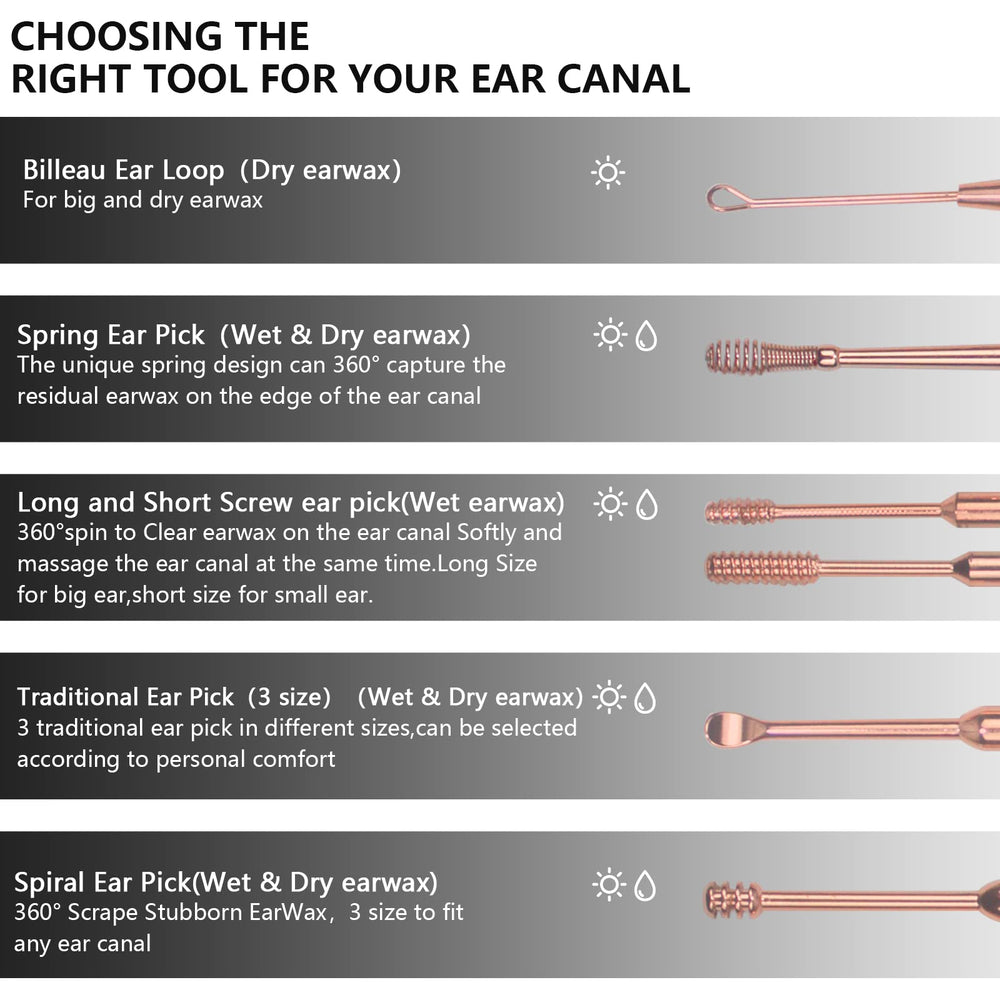 Hion spring ear picker in rose gold for effective wax removal and safe handling.