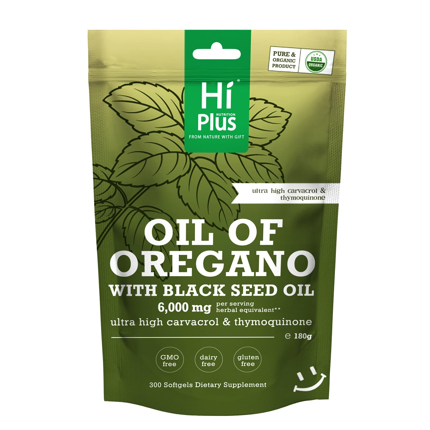 HiPlus 2-in-1 oregano and black seed softgels bottle for daily immune wellness