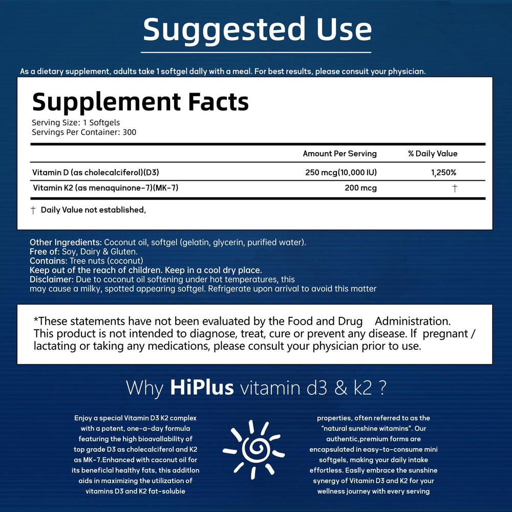 HiPlus D3K2 bottle with 300 softgels designed for easy daily intake.