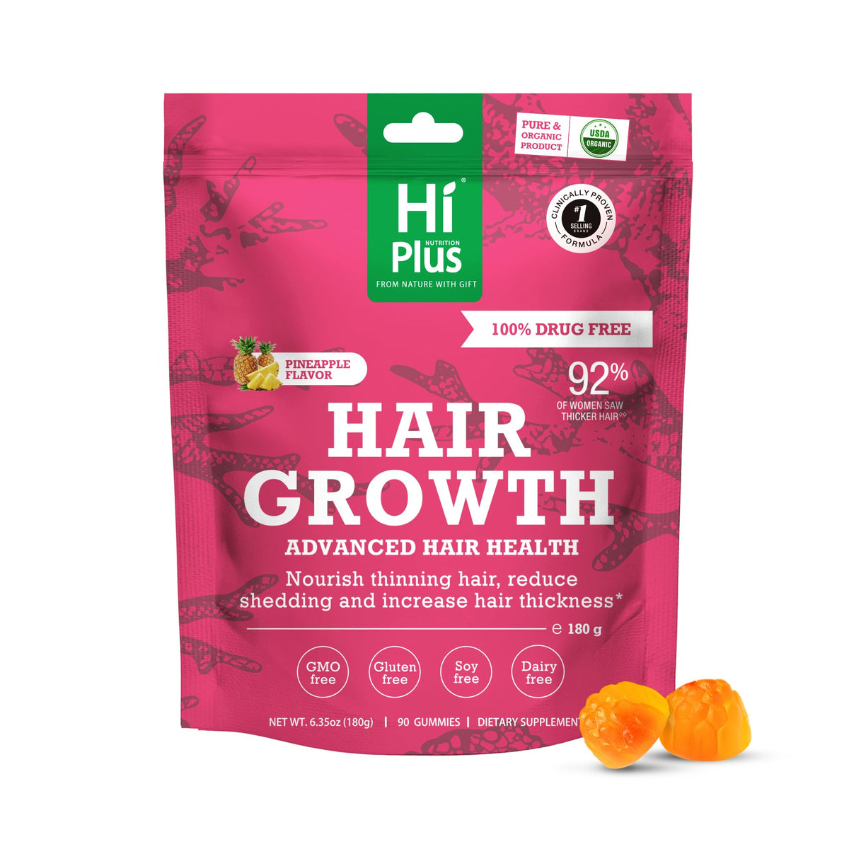 HiPlus hair growth gummies pineapple bottle showing daily hair nourishment potential.