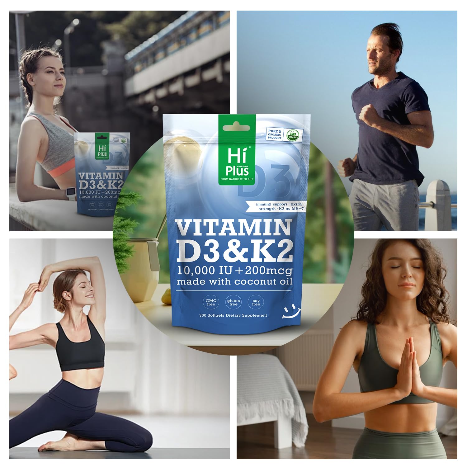 HiPlus label highlights MK7 K2 and 10000 IU D3 dose.