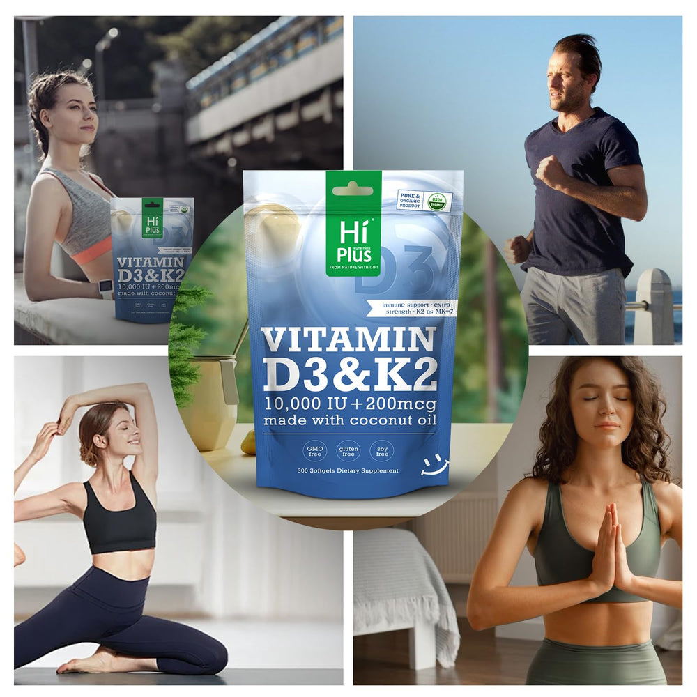 HiPlus label highlights MK7 K2 and 10000 IU D3 dose.