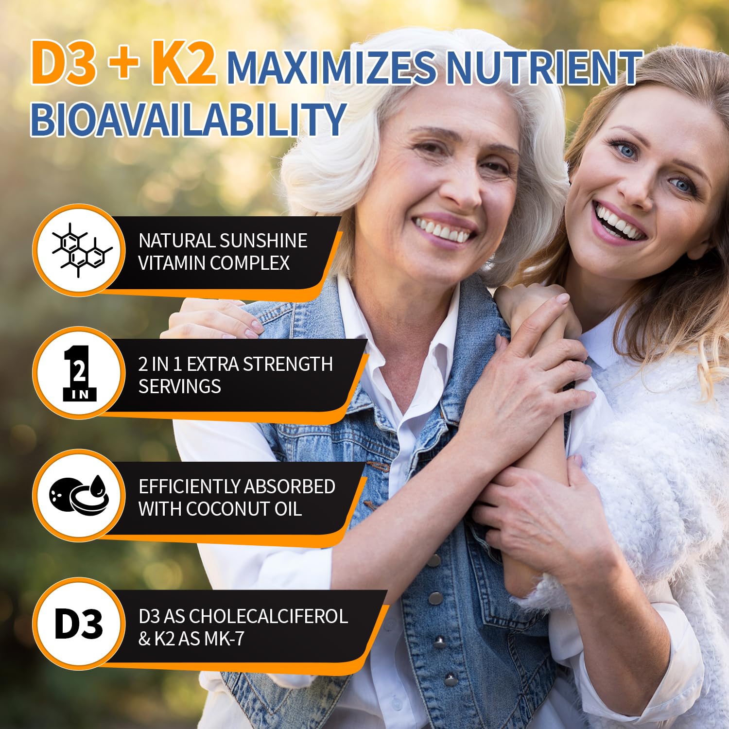 HiPlus D3K2 softgels with coconut oil easy to swallow for daily use.