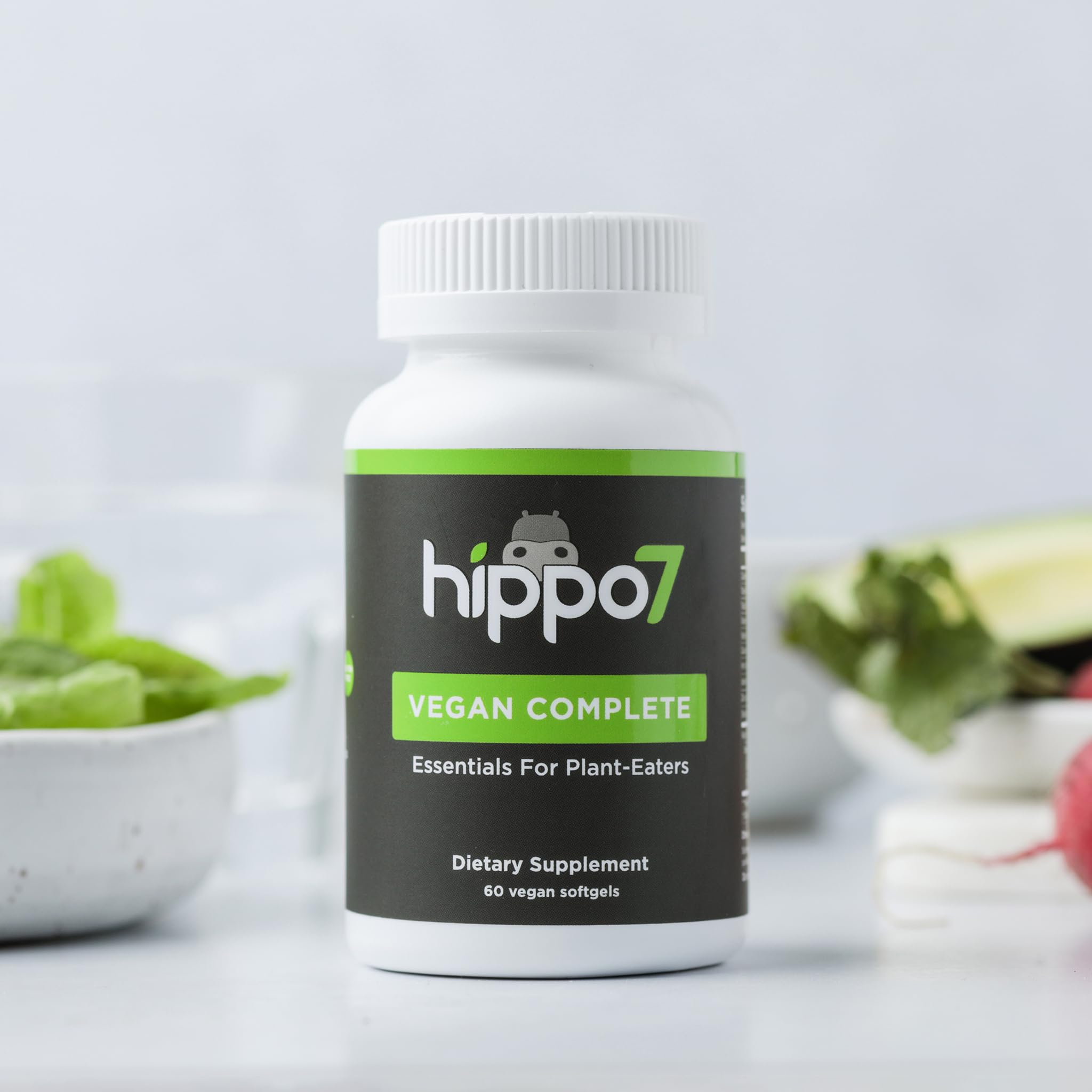 Hippo7 ingredient list graphic illustrating vegan non-GMO gluten-free formula