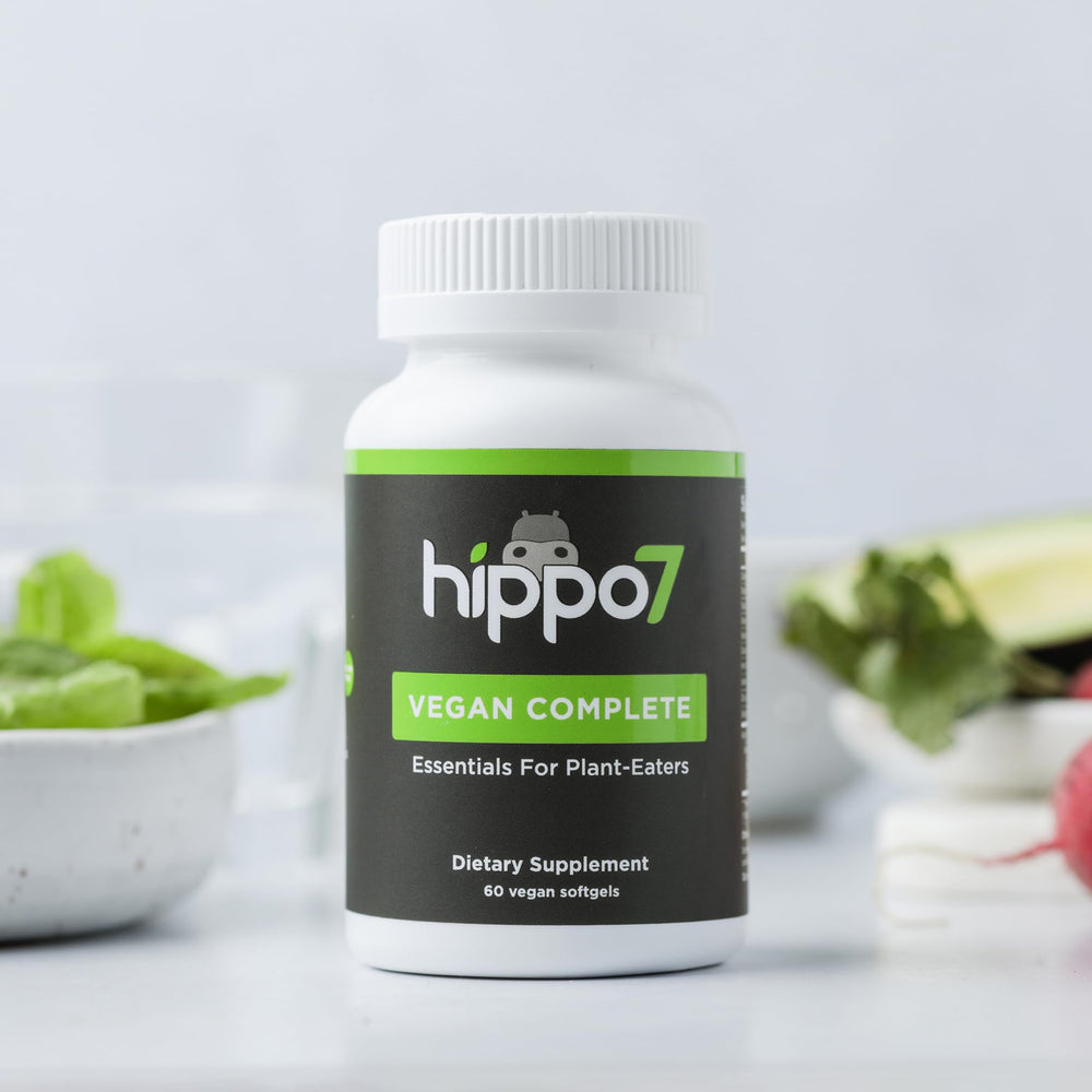 Hippo7 ingredient list graphic illustrating vegan non-GMO gluten-free formula