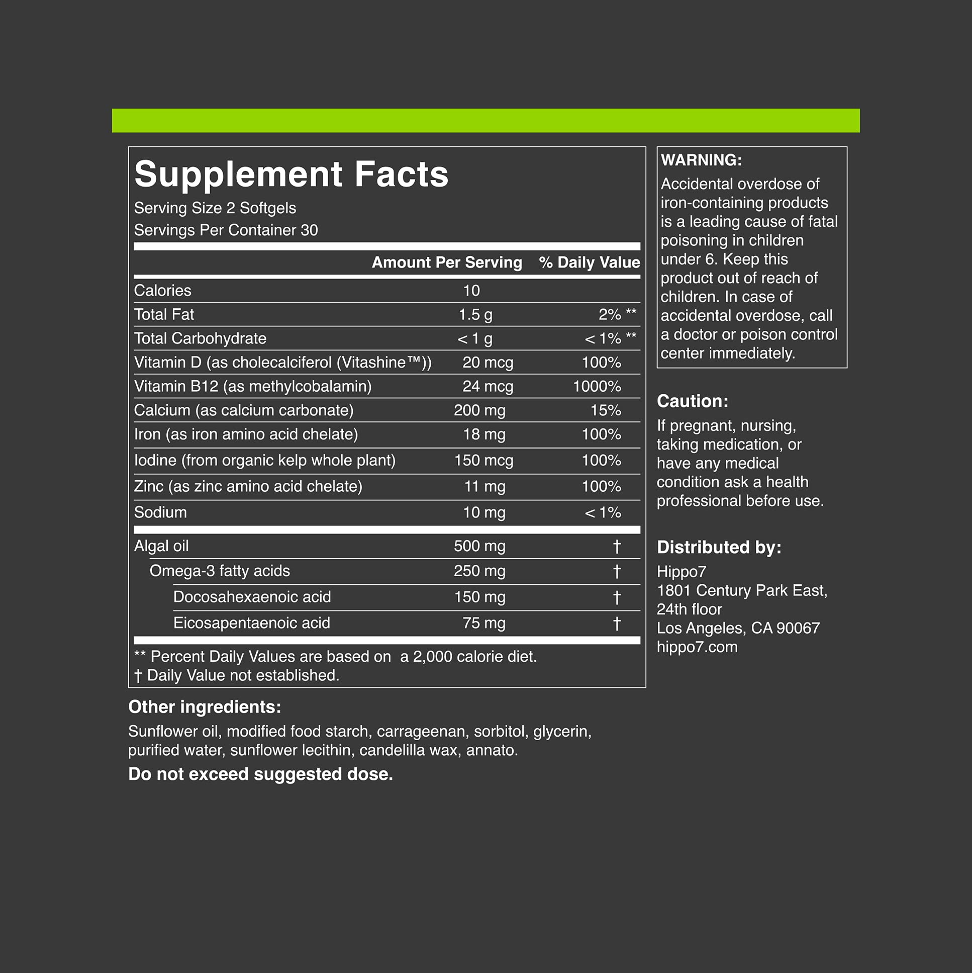 Hippo7 packaging box highlighting 60 softgels and vegan formula