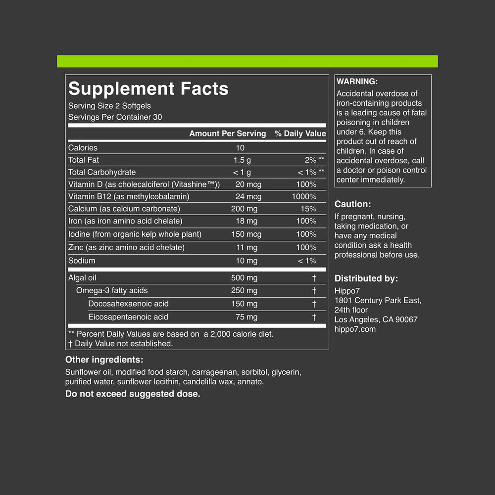 Hippo7 packaging box highlighting 60 softgels and vegan formula