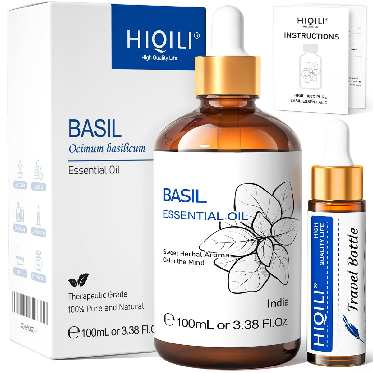 HIQILI Aceite Esencial de Albahaca en frasco de 100 ml para aroma calmante