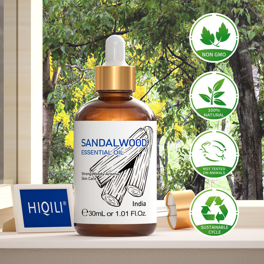 HIQILI aceite esencial sándalo en empaque premium para proyectos artesanales.