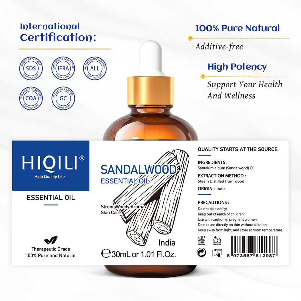 HIQILI aceite esencial sándalo para rituales de relajación y bienestar.