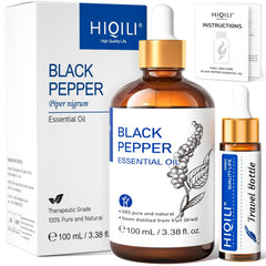 HIQILI Black Pepper essential oil bottle with diffuser-ready aroma for a warm ambiance.