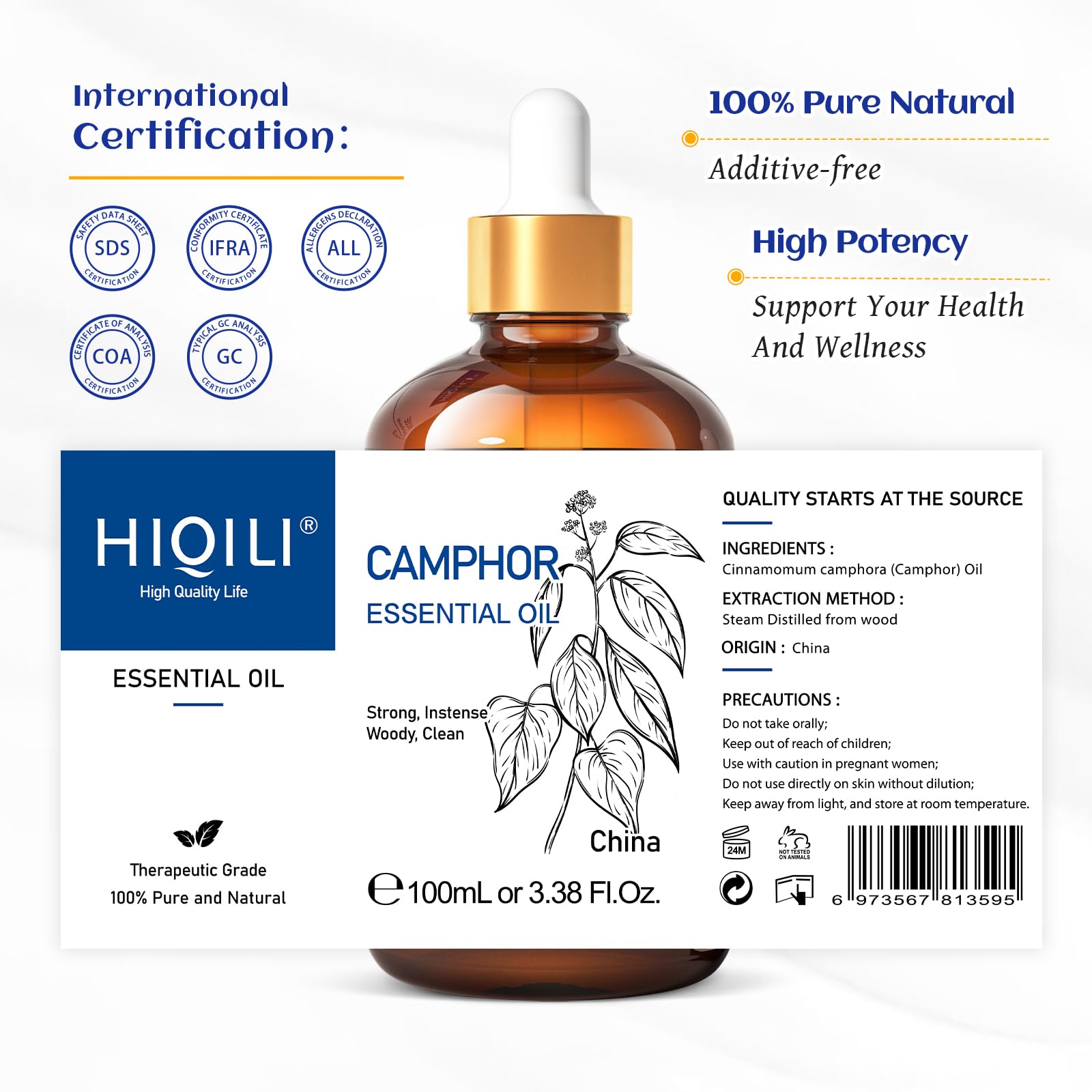 Amber UV bottle protects oil quality and freshness.