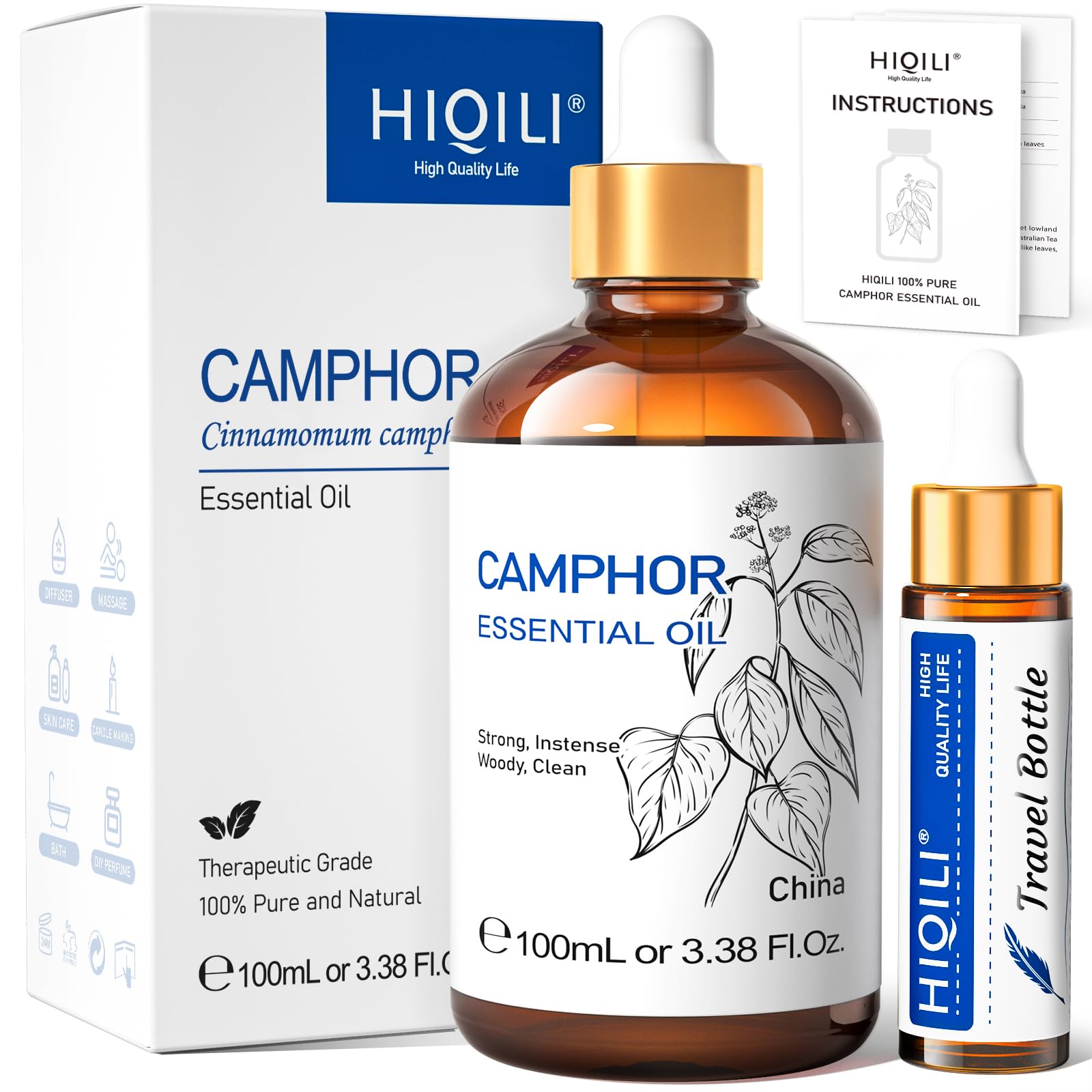 HIQILI camphor oil bottle showcases purity and aroma versatility.