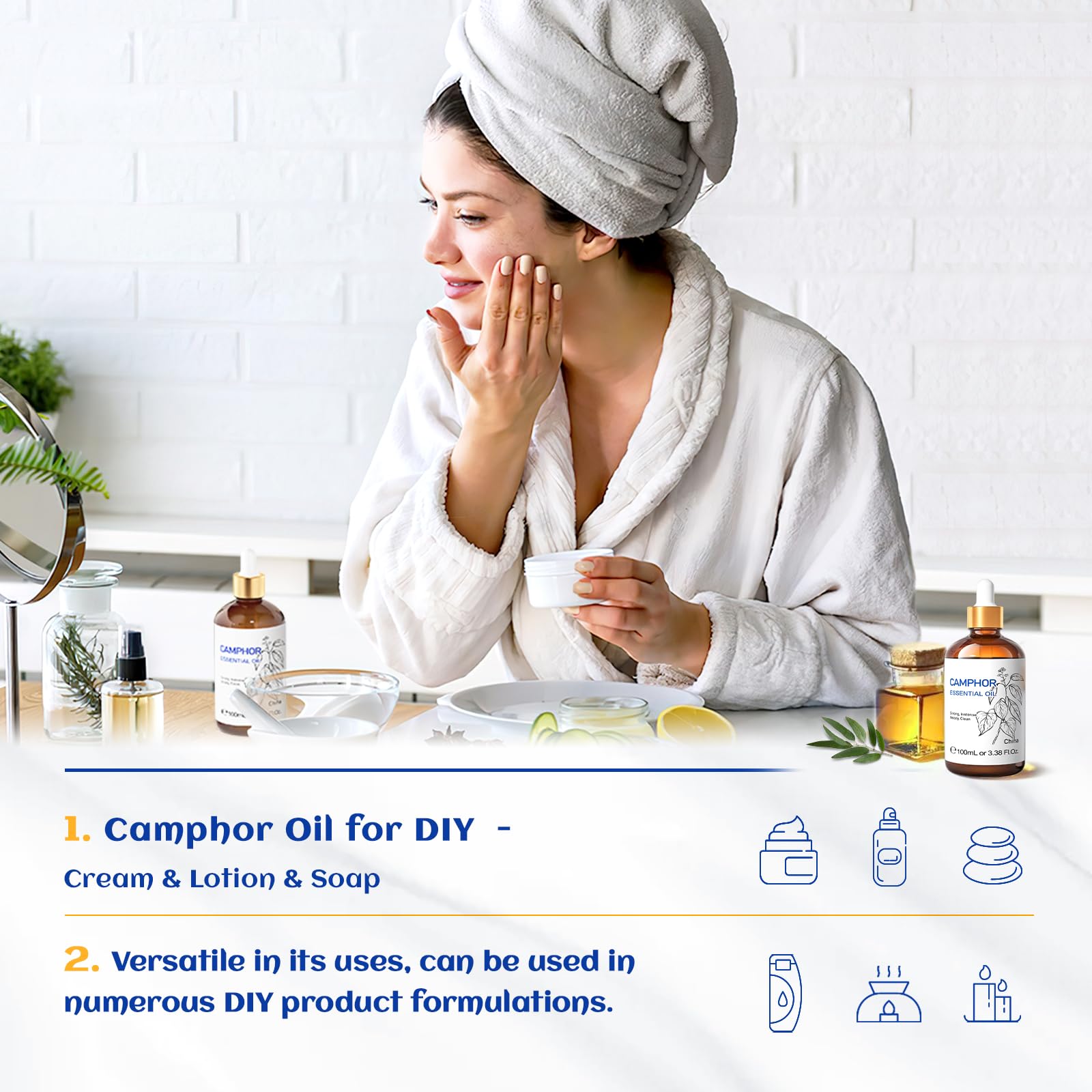 Massage blend with HIQILI camphor oil for relaxing relief.