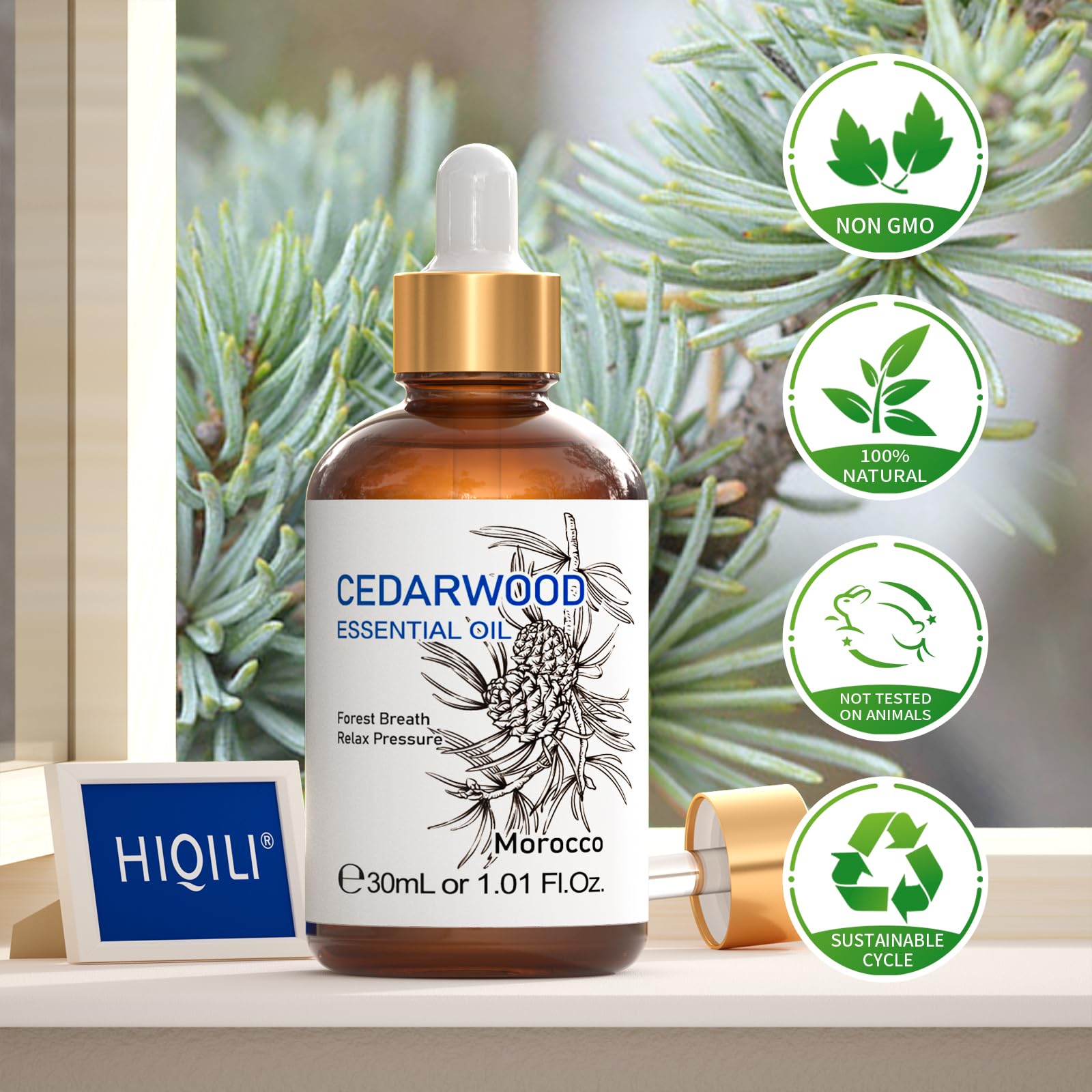 HIQILI Cedarwood oil brand label signals authenticity and purity