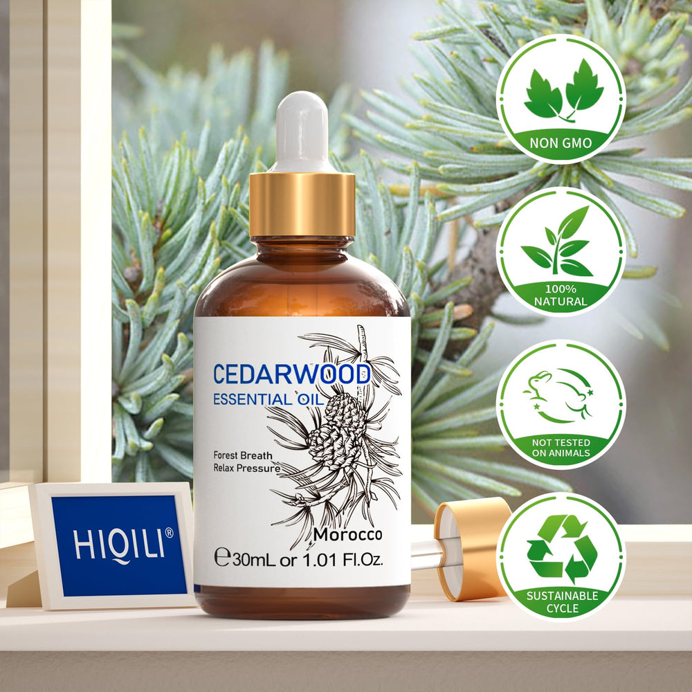 HIQILI Cedarwood oil brand label signals authenticity and purity