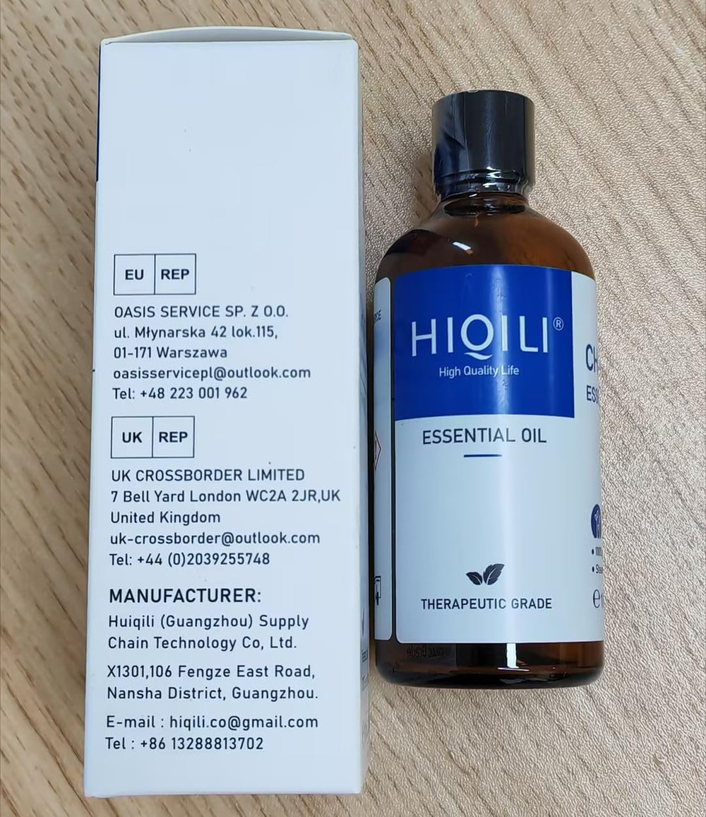 HIQILI Chamomile Oil COA and safety verification on packaging.