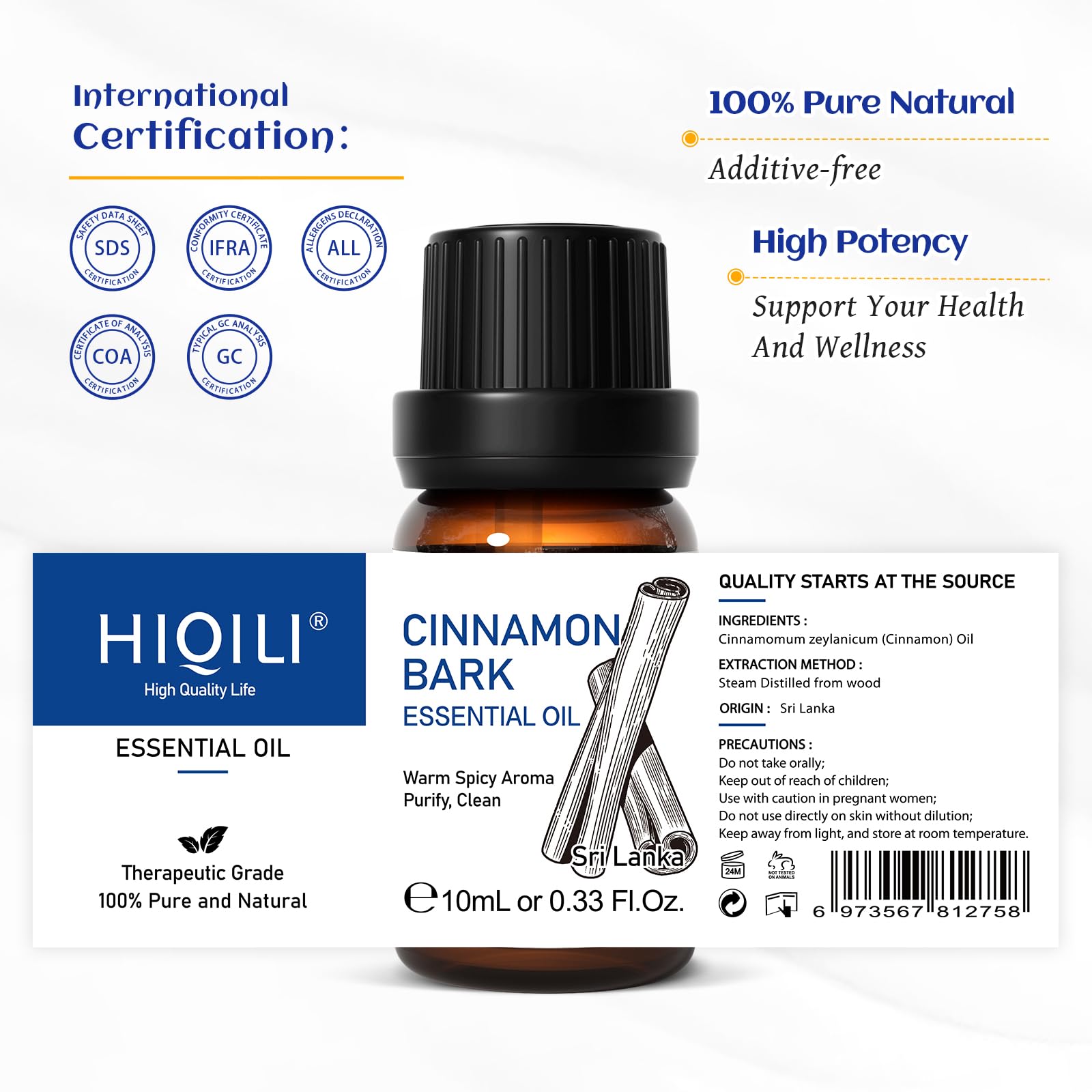 Packaging of HIQILI cinnamon oil with safety label