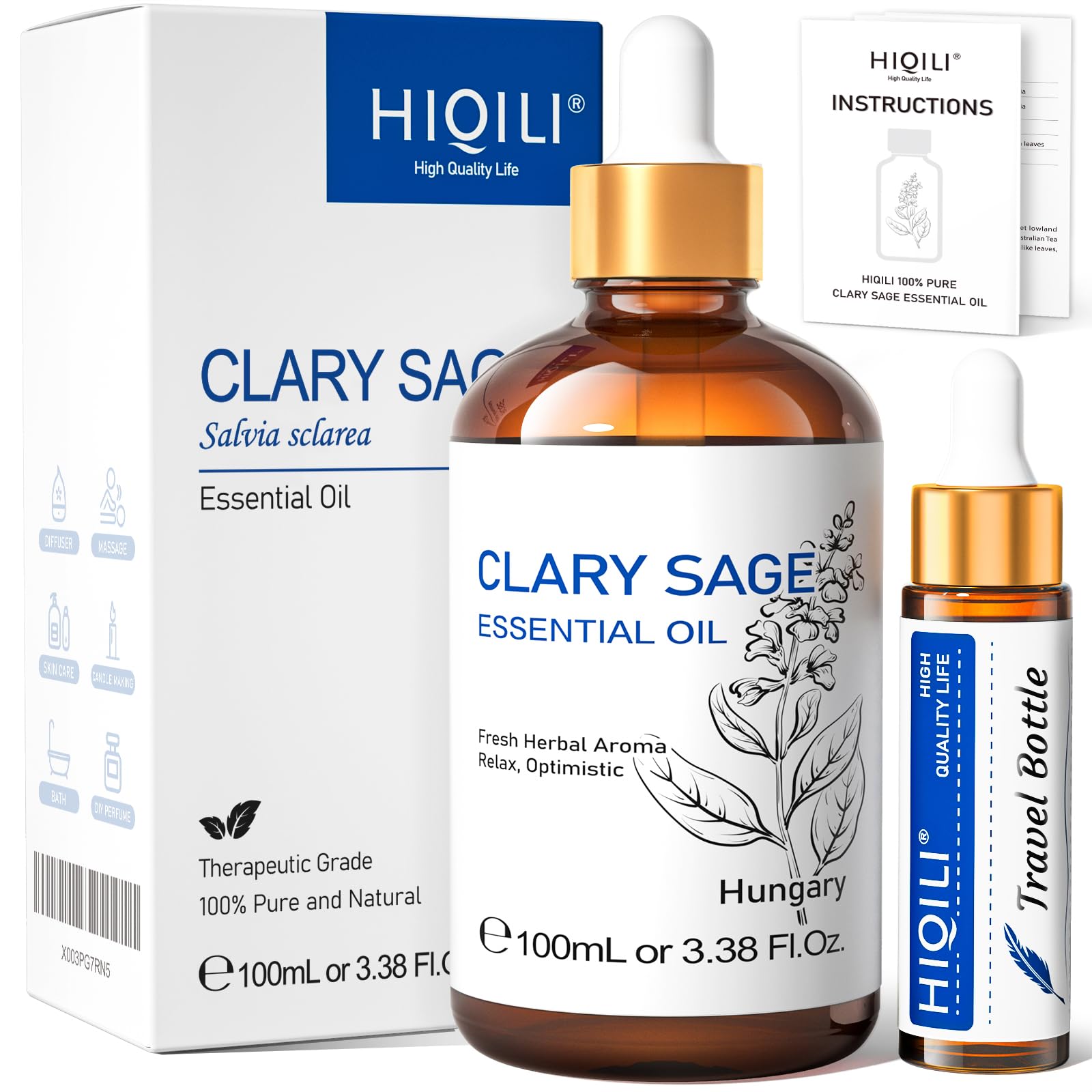 HIQILI Clary Sage Oil bottle pour for relaxing aroma.