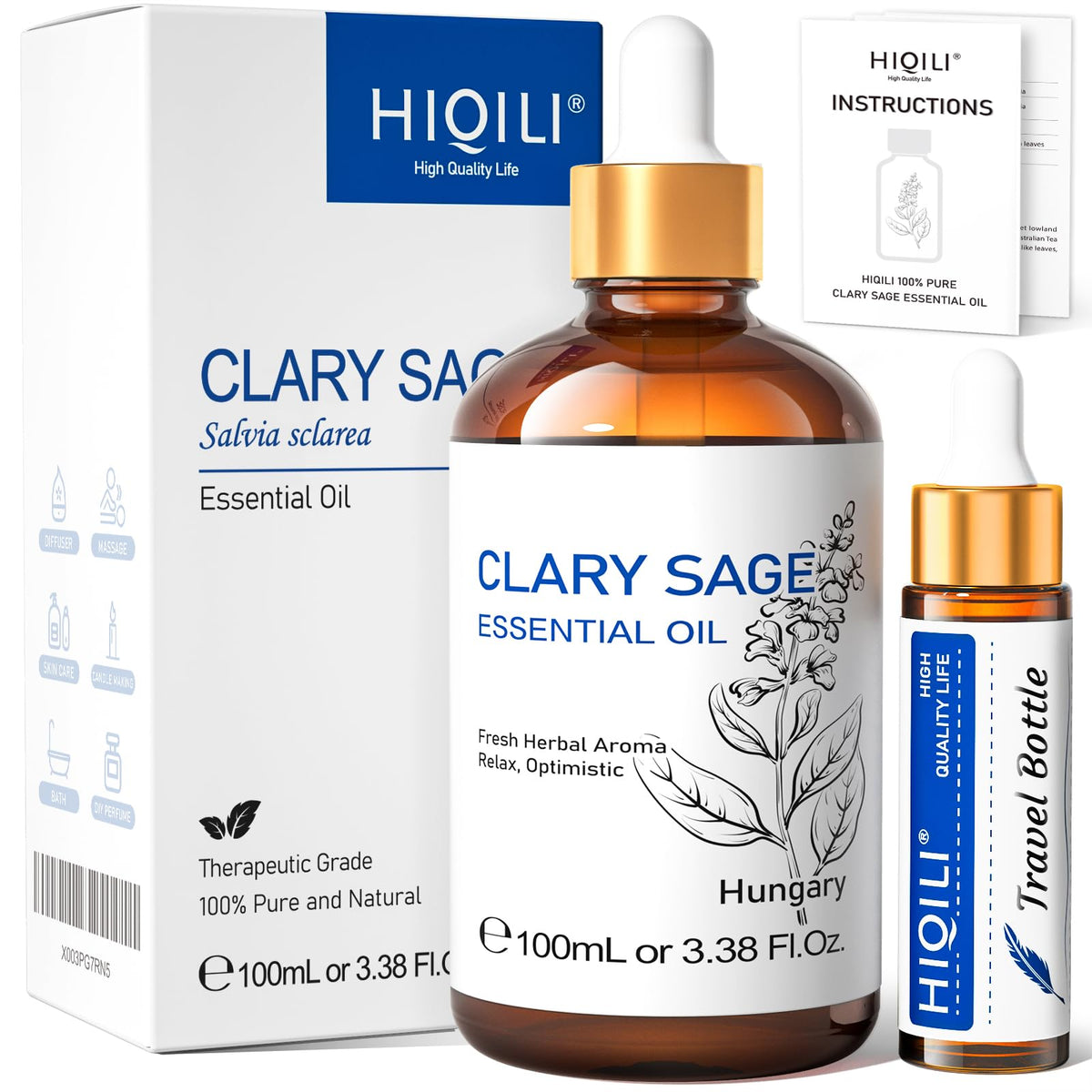 HIQILI Clary Sage Oil bottle pour for relaxing aroma.