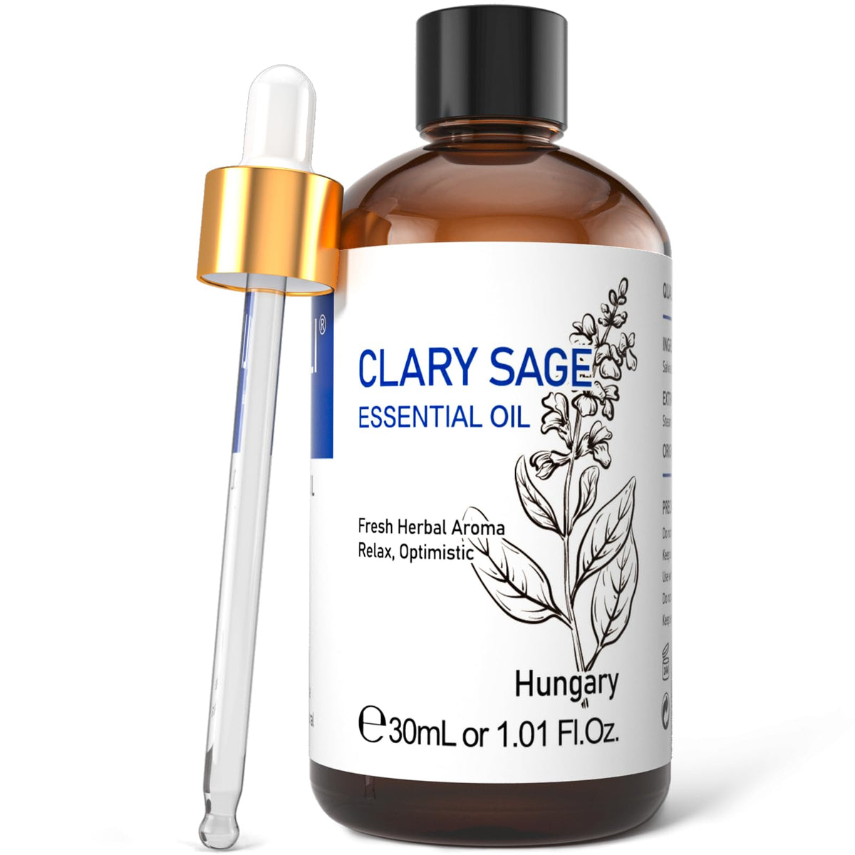 HIQILI Clary Sage Oil bottle shows pure essential oil for diffusion and mood support