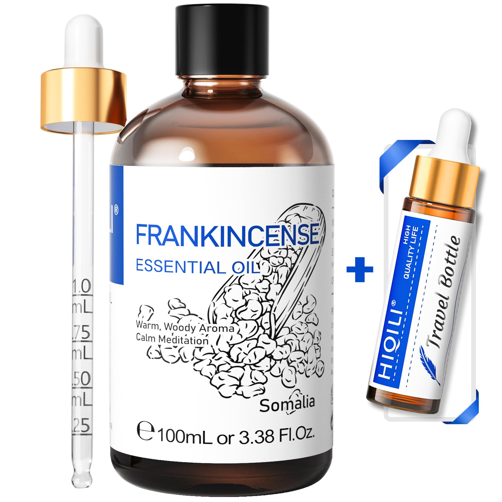 HIQILI frankincense oil bottle pour for calm and aroma.
